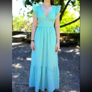 Skies Are Blue Striped Green Maxi Sleeveless Ruffle Dress NEW